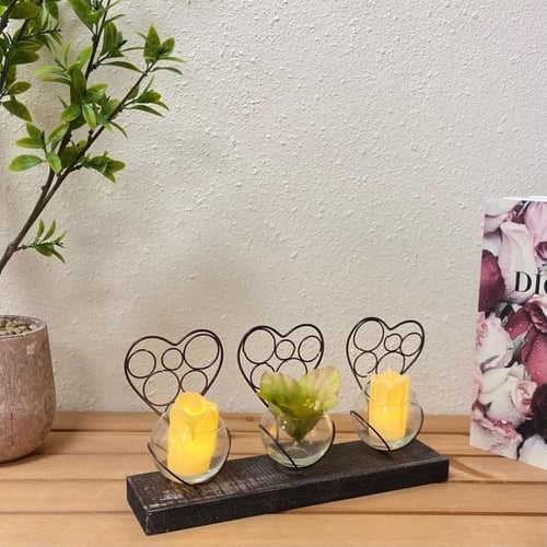 شمعدان خشب وحديد 3 قلوب