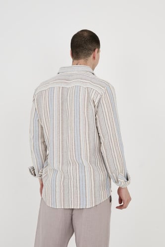 طقم قميص بيج مخطط ازرق كتان كم طويل معا بنطلون كتا...