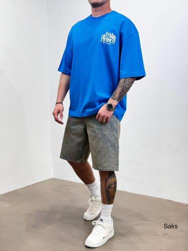 تيشيرت اوفرسايز أزرق بكتابة FRIDAY PLEASE من الخلف