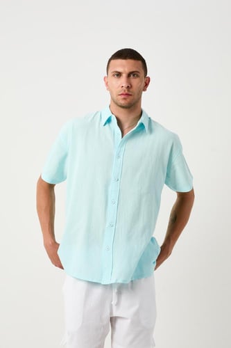 قميص سماوي كتان صيفي، ياقة قلاب، بأزرار أمامية