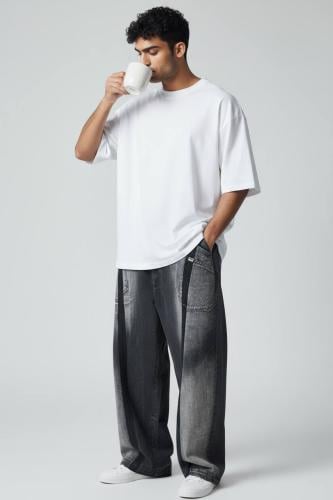 بنطلون رجالي واسع مريح وانيق لون رمادي بخط اسود