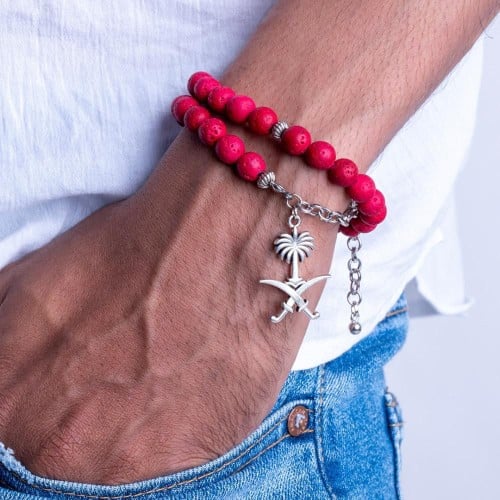 أسورة + سبحة حمراء على شكل سيفين ونخلة