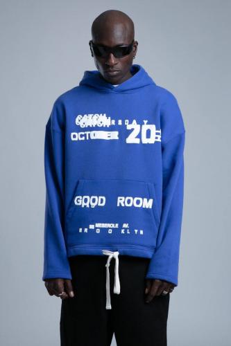 هودي أوفر سايز أزرق برسمات GOOD ROOM