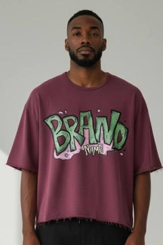 تيشرت قطني اوفر سايز بوكس برسومات لون لحمي