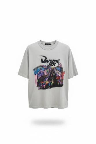 تيشيرت قطني اوفر سايز برسمة على الصدر رصاصي