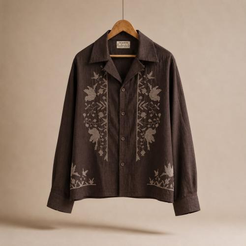 Linen Embroidery Long Sleevs - Bird / Brown