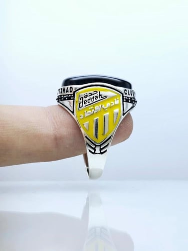 خاتم فضة بشعار نادي الاتحاد رجالي عقيق يماني طبيعي...