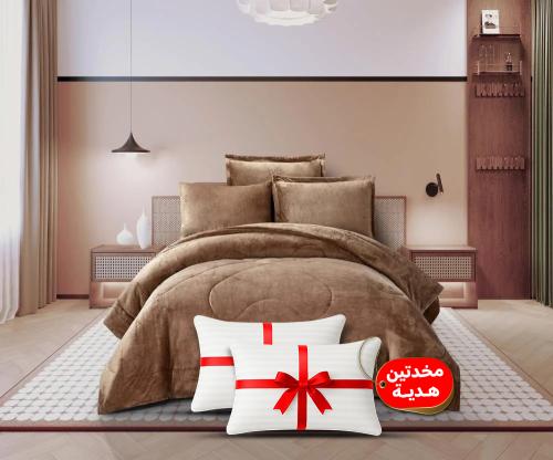 طقم لحاف شتوي فانيلا مخمل ٦ قطع مقاس مزدوج – بني