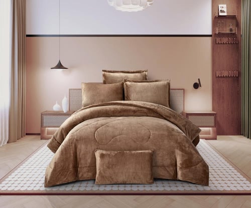 طقم لحاف شتوي فانيلا مخمل ٦ قطع مقاس مزدوج – بني
