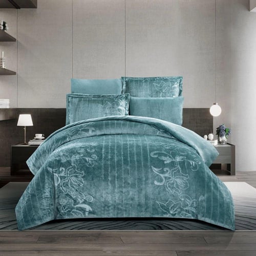 طقم لحاف شتوي فانيلا مخمل منقوش ٦ قطع مقاس مزدوج –...