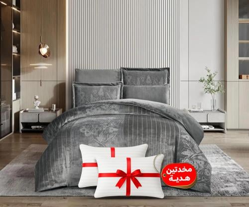 طقم لحاف شتوي فانيلا مخمل ٦ قطع مقاس مزدوج – رمادي