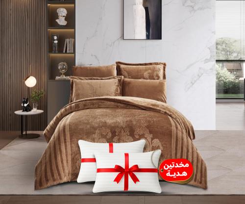 طقم لحاف شتوي فانيلا مخمل ٦ قطع مقاس مزدوج – بني