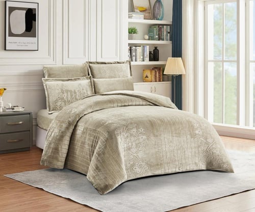 طقم لحاف شتوي فانيلا مخمل ٦ قطع مقاس مزدوج – بيج