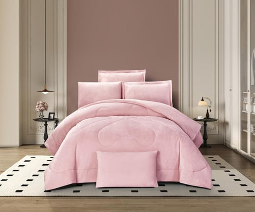 طقم لحاف شتوي فانيلا مخمل ٦ قطع مقاس مزدوج –الوردي