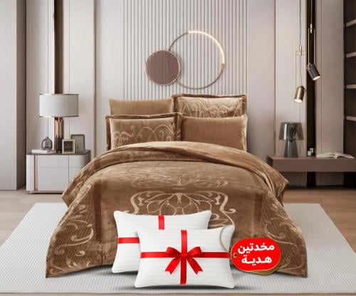 طقم لحاف شتوي فانيلا مخمل ٦ قطع مقاس مزدوج – بني