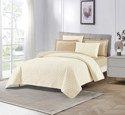 طقم مفرش فاخر ٦ قطع مقاس مزدوج – بيج