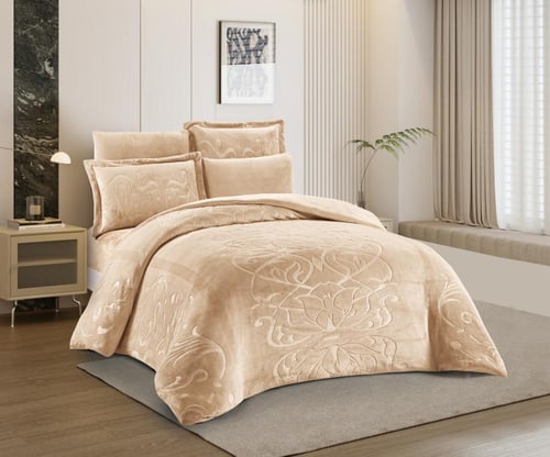 طقم لحاف شتوي فانيلا مخمل ٦ قطع مقاس مزدوج – بيج ف...