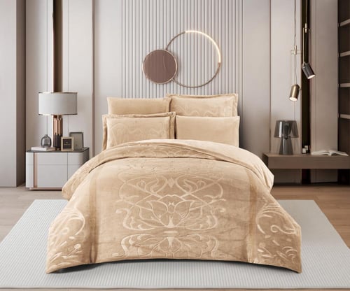 طقم لحاف شتوي فانيلا مخمل ٦ قطع مقاس مزدوج – بيج ف...