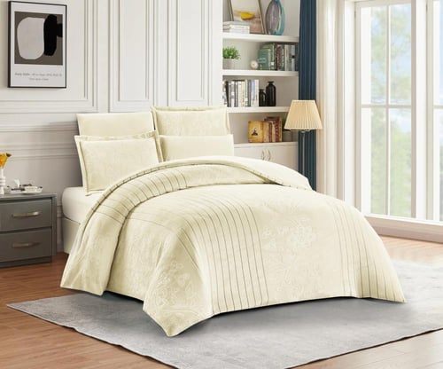 طقم لحاف شتوي فانيلا مخمل ٦ قطع مقاس مزدوج – كريمي