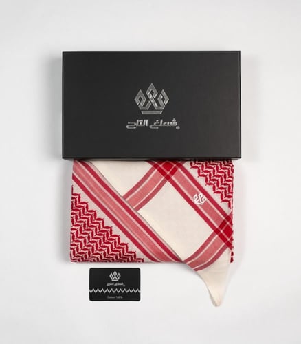 شماغ التاج ذهبي أحمر-بيج(الاصدار الثالث)