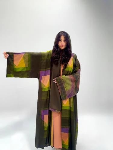 Abaya crepe half Beshte with multiple colored geometric patterns