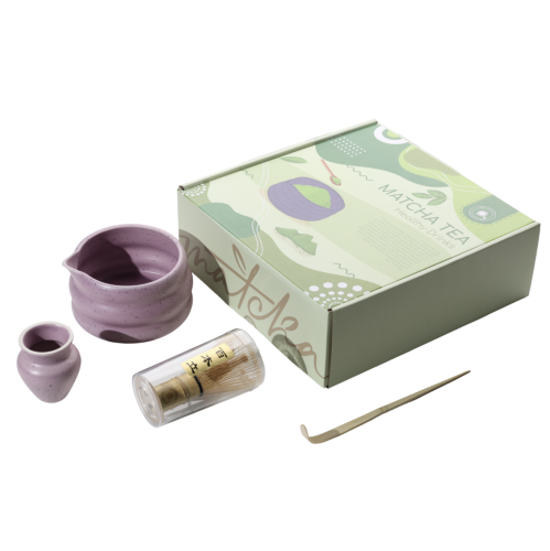 طقم تحضير ادوات الماتشا بنفسجي منقط مع مصب MC19