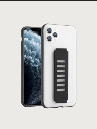 غلاف ايفون11 شفاف, بحواف بلون اسود, ومسكه يد