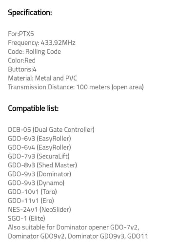 ريموت باب الكراج موديل PTX5 v2 v1