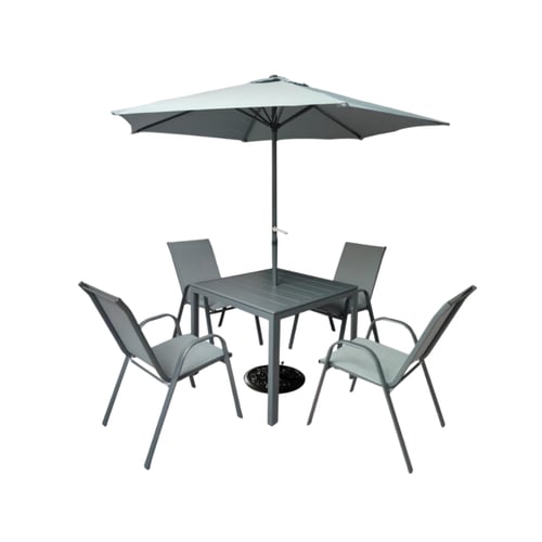 طقم طاولة وكراسي خارجية مع مظلة أنيقة وعملية
