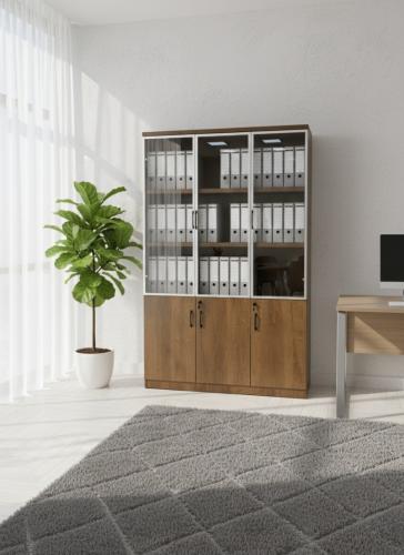 دولاب تخزين مكتبي بثلاثة أبواب زجاج وخشب