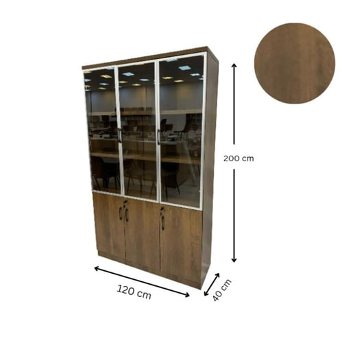 دولاب تخزين مكتبي بثلاثة أبواب زجاج وخشب