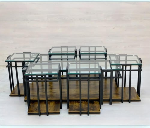 طقم طاولات خدمة خشب وزجاج 6+1 بتصيم عصري وأنيق