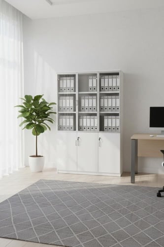 دولاب تخزين مكتبي بثلاثة أبواب زجاج وخشب