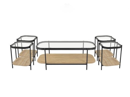 طقم شاى خشب بيضاوي مع زجاج 4+1 اللون ببيج خشبي