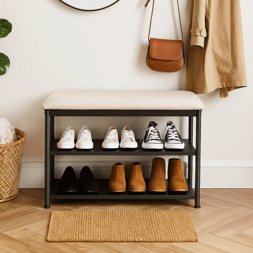 مقعد ورف أحذية بتصميم مودرن ومميز بلون رمادى