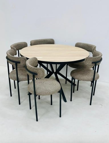 طاولة طعام دائرية خشبية مع 6 كراسي بتصميم عصري