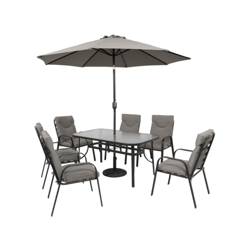 طاولة طعام خارجية 6 كرسي مع مظلة.