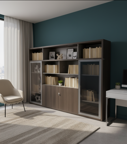 خزانة عرض وتخزين فاخرة – تناغم الخشب والزجاج