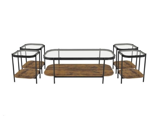 طقم شاى خشب بيضاوي مع زجاج 4+1 اللون بني عسلي