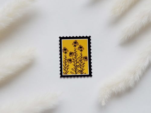 ملصق بتصميم طابع ورد أسود وأصفر