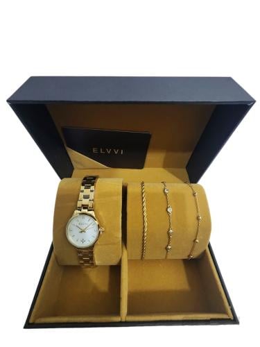 طقم ساعه مع 3 اساور نسائي باللون الذهبي