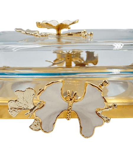 صينية زجاج بايركس مستطيلة بغطاء مزينة بقاعدة ذهبية...