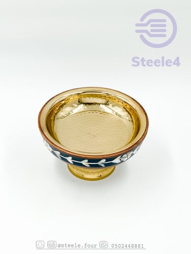 صحن خشب هندي مدور مزخرف بقاعدة ذهبي