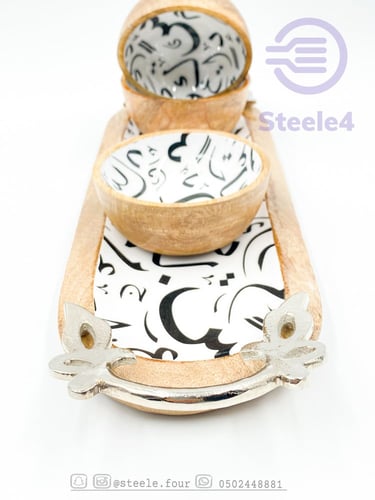 صينيه خشب مستطيل و 3 صحن عميق