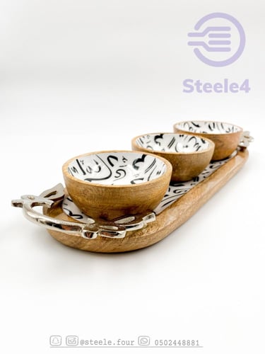 صينيه خشب مستطيل و 3 صحن عميق