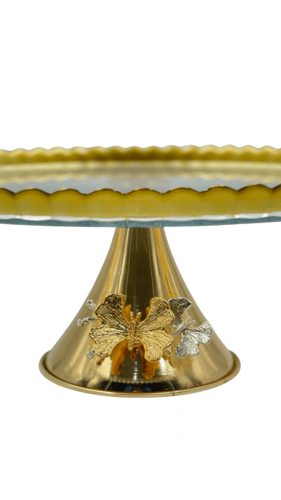 ستاند كيك دائري من الزجاج بقاعدة ذهبية استايل الفر...