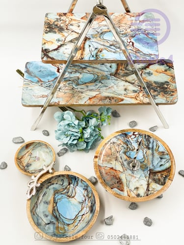 وعاء خشب بترخيم ازرق مزدوج وفرع فضي