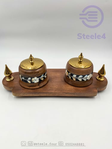 صينيه مستطيل خشب 2 علبه بغطاء ذهبي