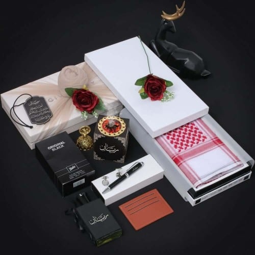 طقم رجالي فاخر بالاسم _ شماغ وعطر ومبخرة وبوك مع ق...