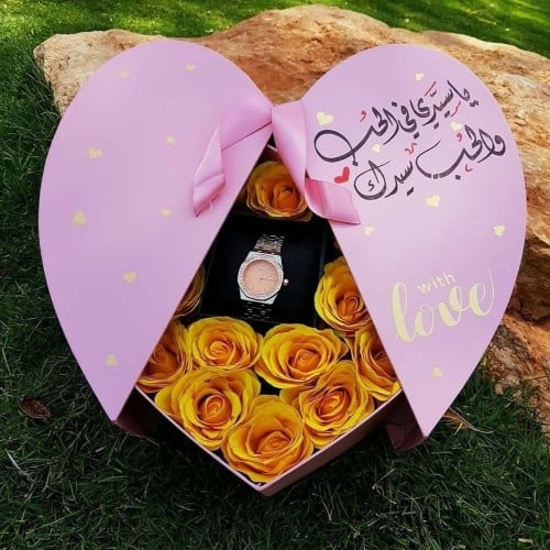 هدايا نسائيه فخمه هديه ساعه مع ورد بوكس القلب - مت...